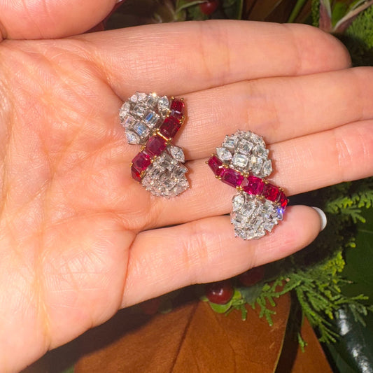 1950s Garrard & Co. Platinum & 18KT Yellow Gold Ruby & Diamond Earrings front