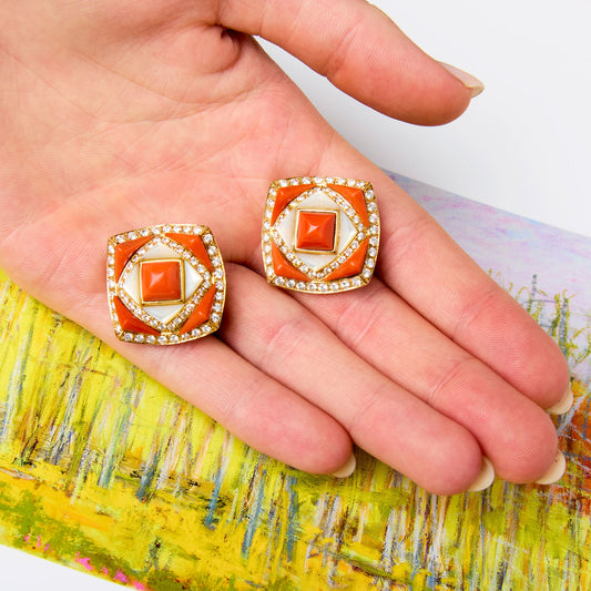 Bulgari 1980s 18KT Yellow Gold Coral, Diamond & Mother of Pearl Earrings front
