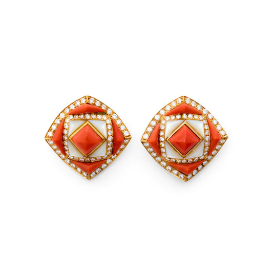 Bulgari 1980s 18KT Yellow Gold Coral, Diamond & Mother of Pearl Earrings front