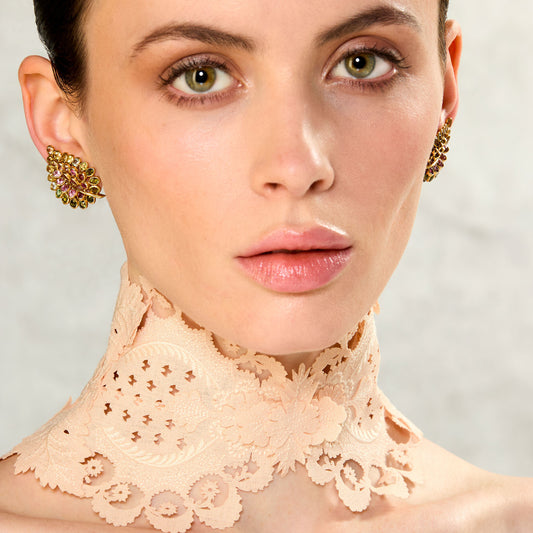 Rene Boivin 1950s 18KT Yellow Gold Sapphire Feuilles Earrings on ear