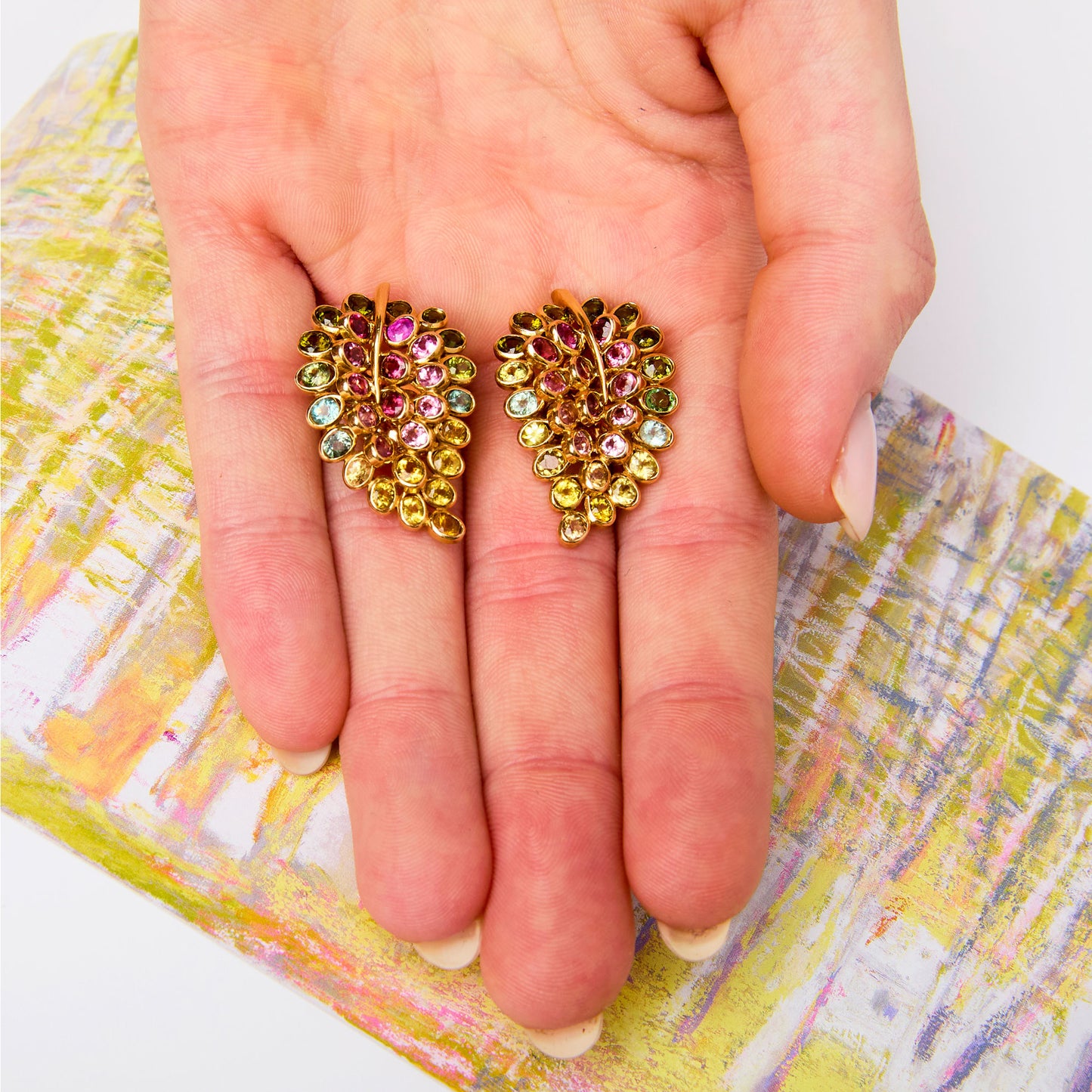 Rene Boivin 1950s 18KT Yellow Gold Sapphire Feuilles Earrings front