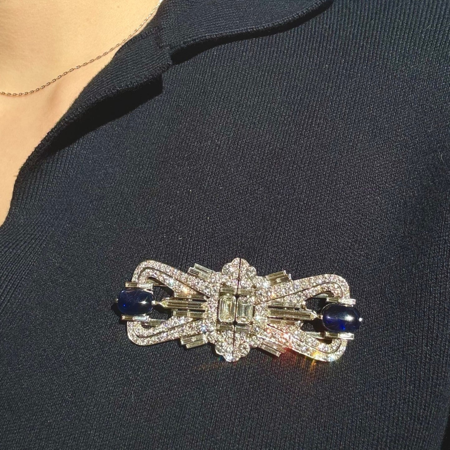 1930s Platinum Sapphire & Diamond Brooch on blouse