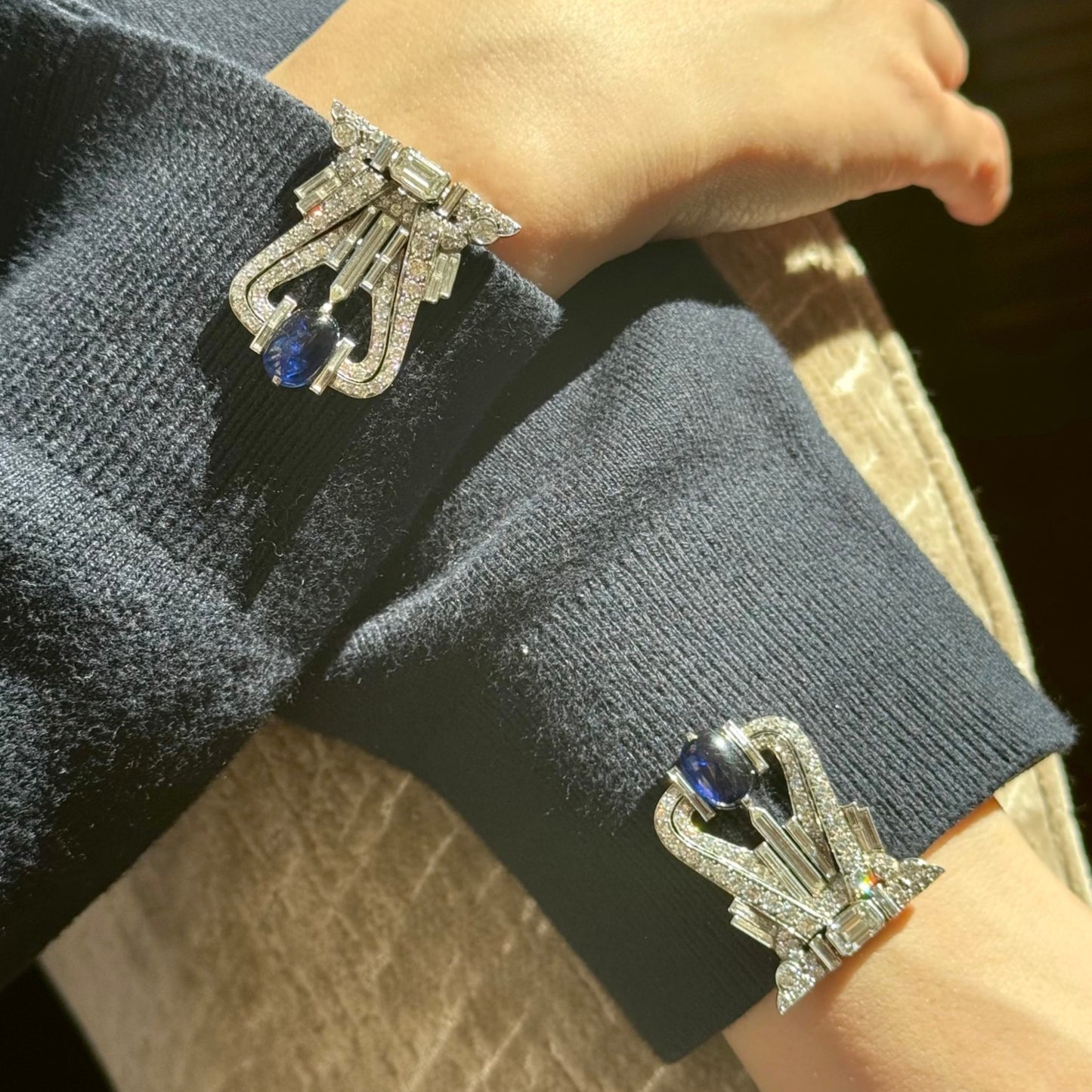 1930s Platinum Sapphire & Diamond Brooch on cuffs