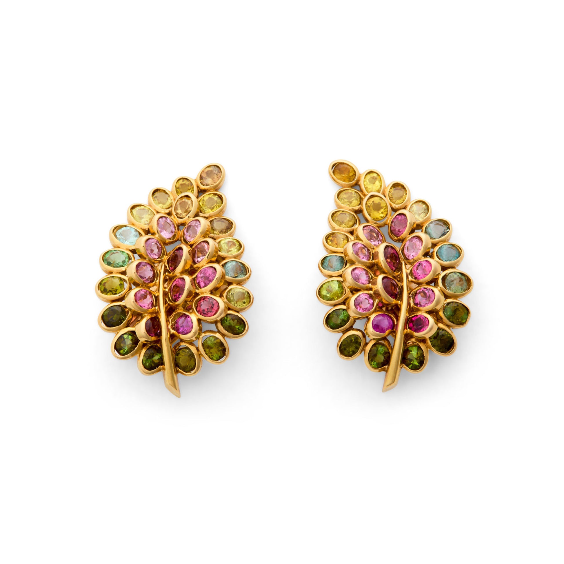 Rene Boivin 1950s 18KT Yellow Gold Sapphire Feuilles Earrings front