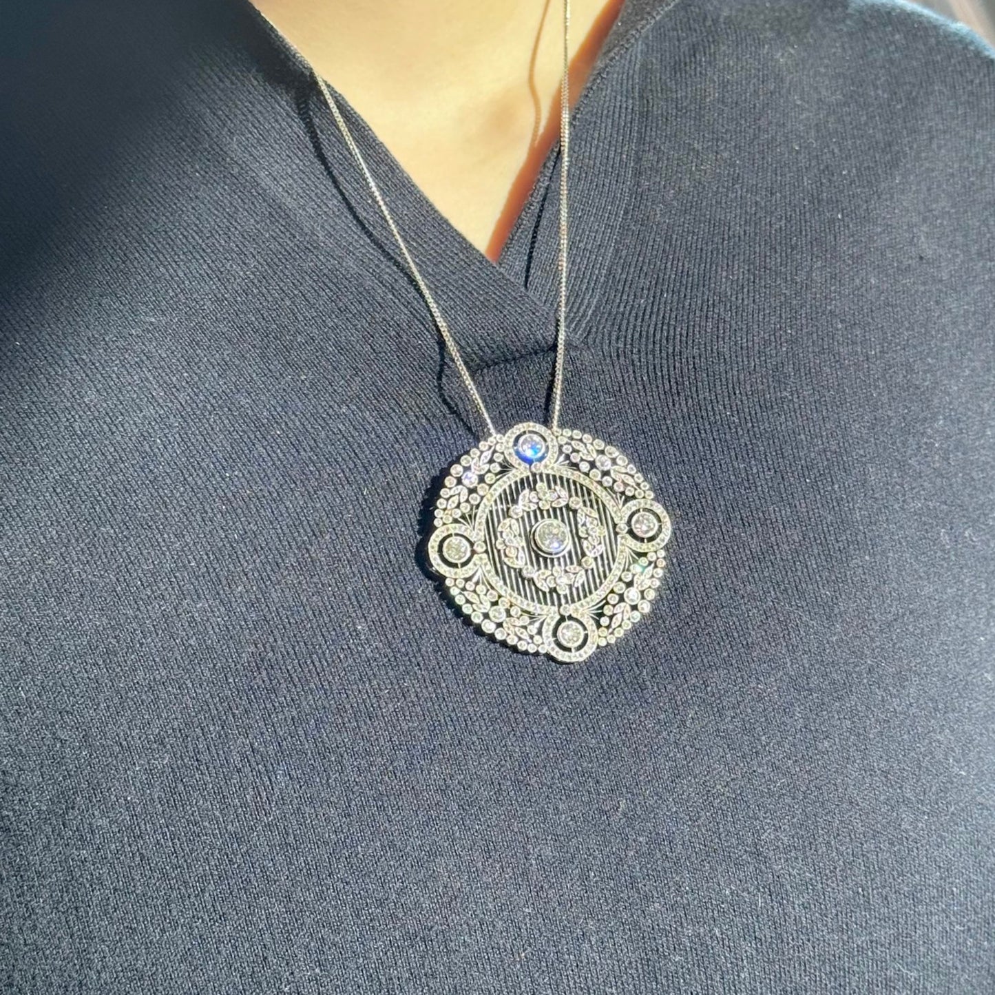 Edwardian Platinum Diamond Brooch on neck