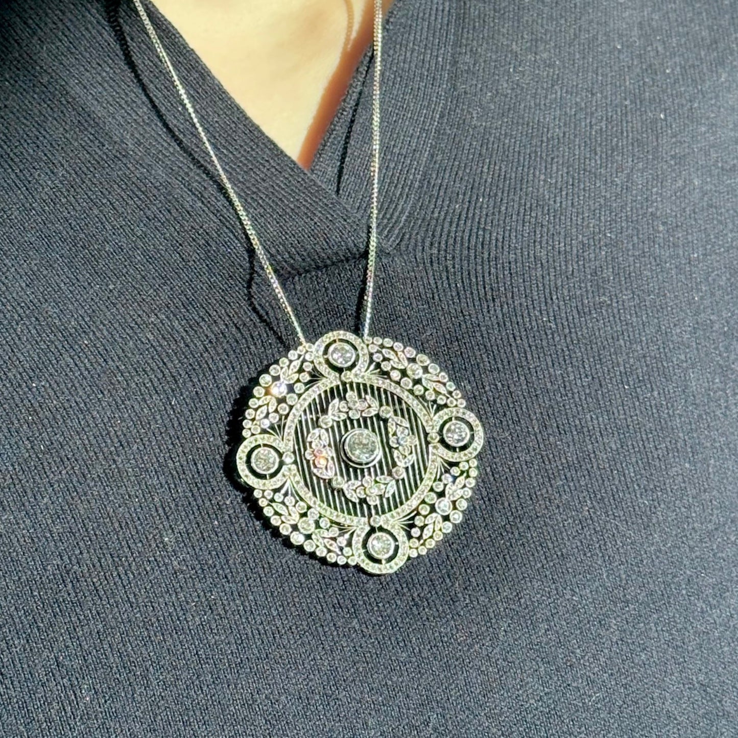 Edwardian Platinum Diamond Brooch on neck