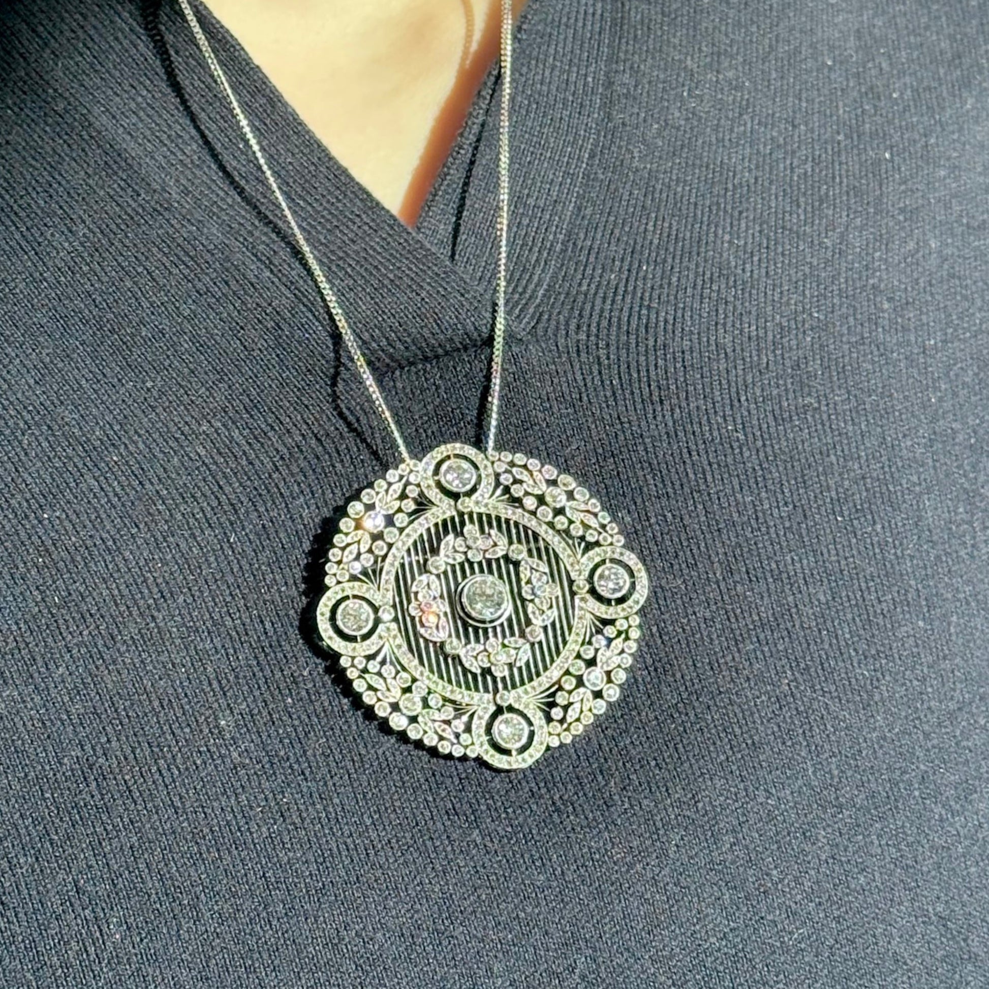 Edwardian Platinum Diamond Brooch on neck