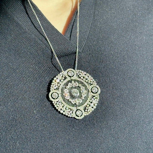 Edwardian Platinum Diamond Brooch on neck