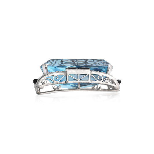 Art Deco Platinum Aquamarine, Diamond & Onyx Brooch side