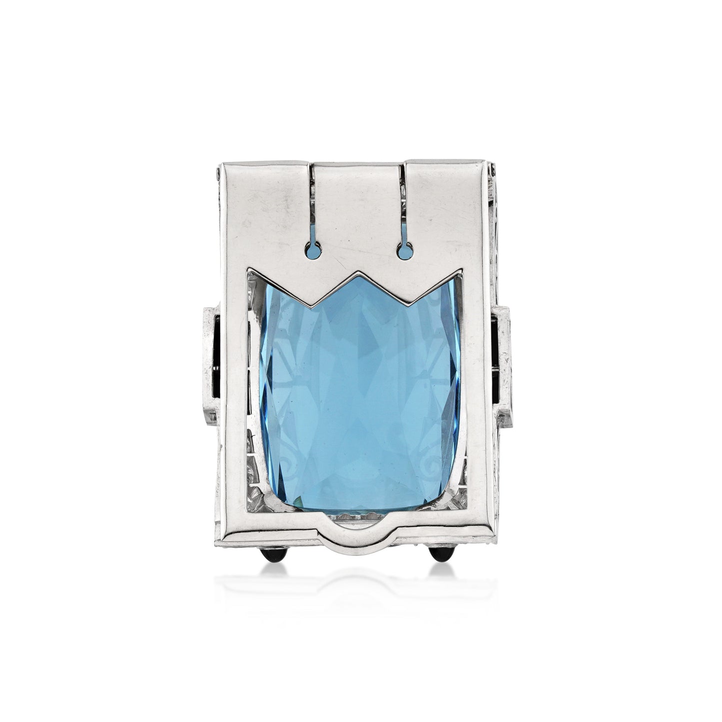 Art Deco Platinum Aquamarine, Diamond & Onyx Brooch back