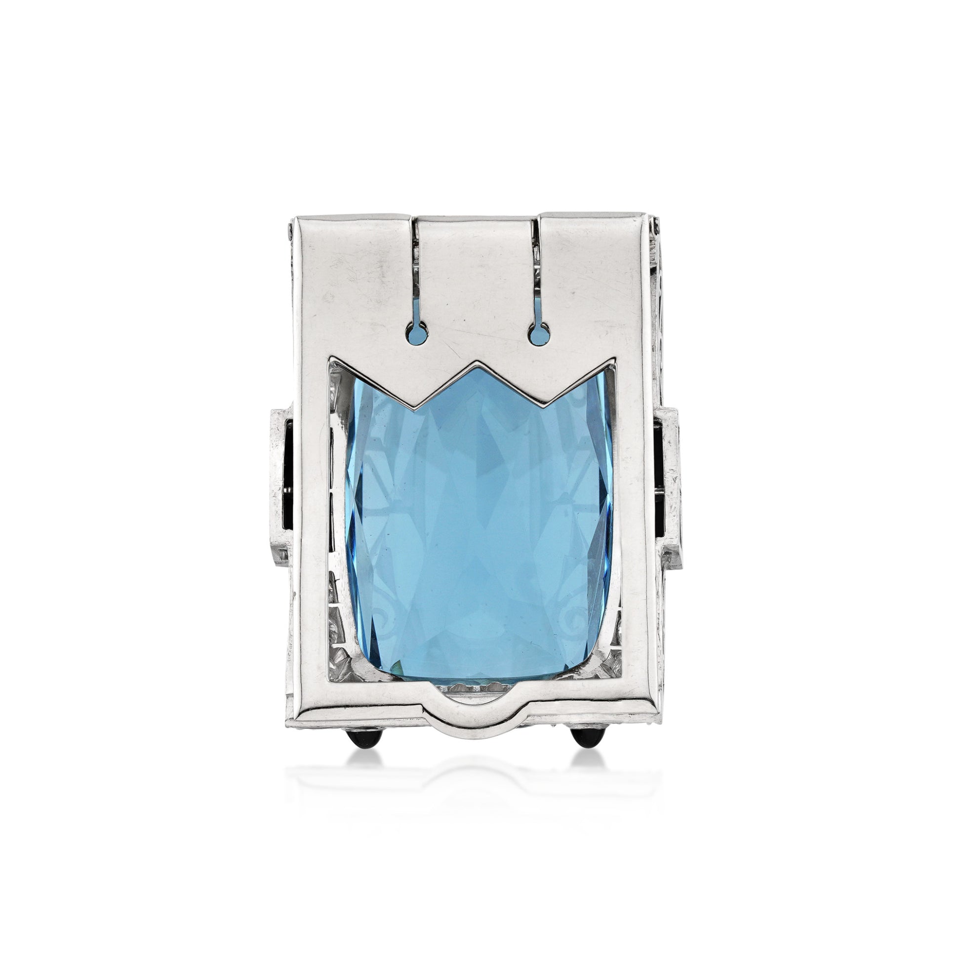 Art Deco Platinum Aquamarine, Diamond & Onyx Brooch back