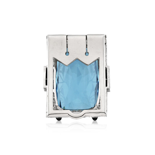 Art Deco Platinum Aquamarine, Diamond & Onyx Brooch back