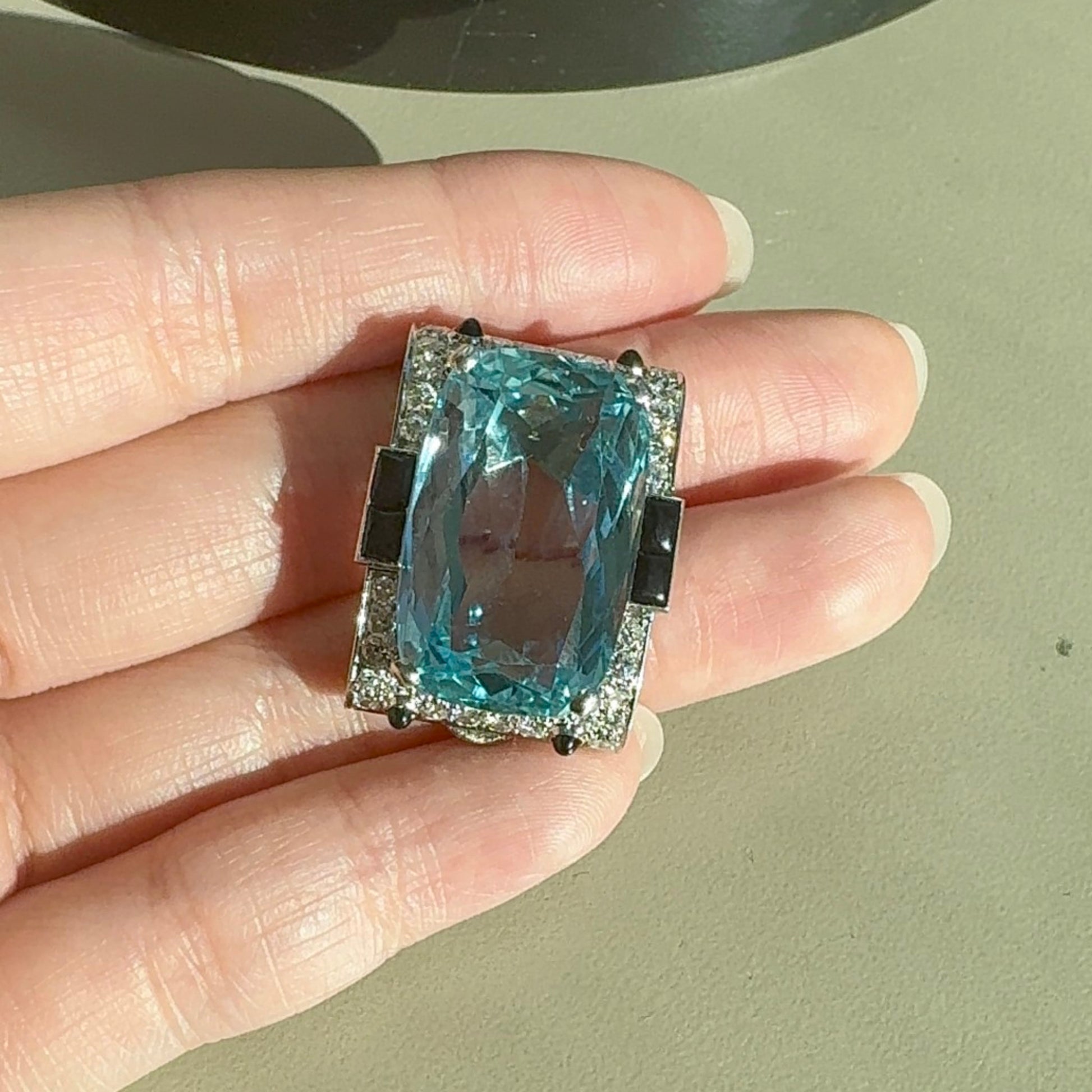 Art Deco Platinum Aquamarine, Diamond & Onyx Brooch front