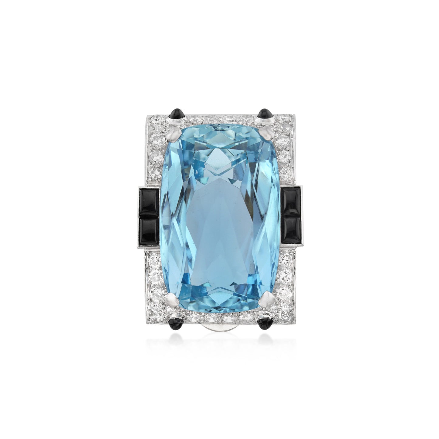 Art Deco Platinum Aquamarine, Diamond & Onyx Brooch front