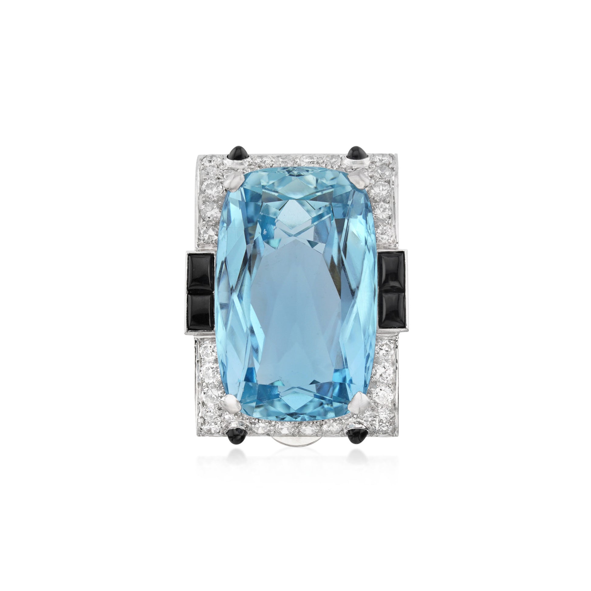 Art Deco Platinum Aquamarine, Diamond & Onyx Brooch front