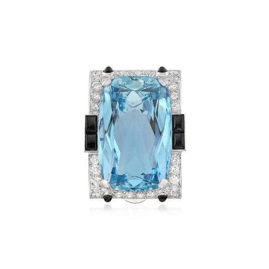 Art Deco Platinum Aquamarine, Diamond & Onyx Brooch front