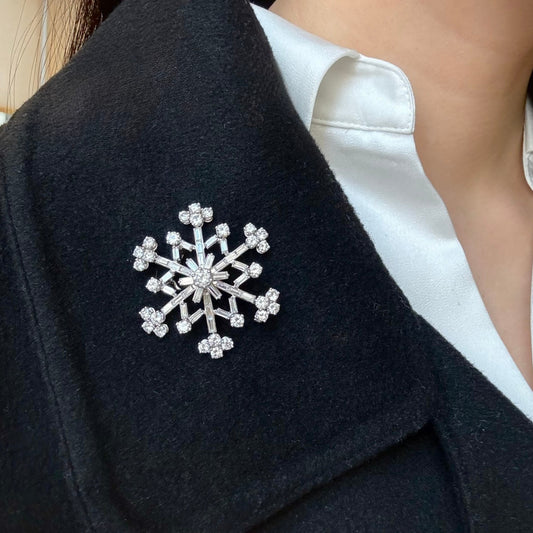 French 1950s Platinum Diamond Snowflake Brooch on collar