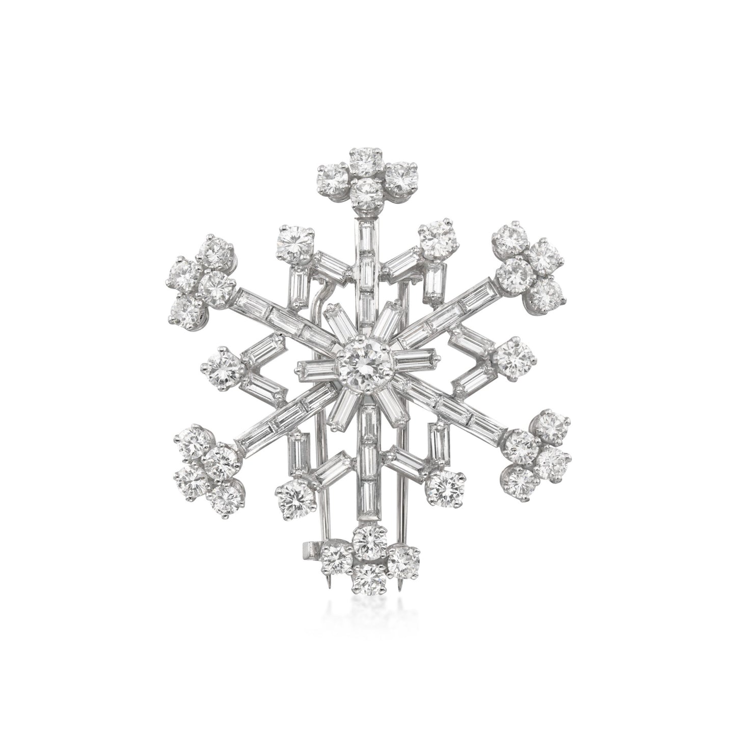 French 1950s Platinum Diamond Snowflake Brooch front