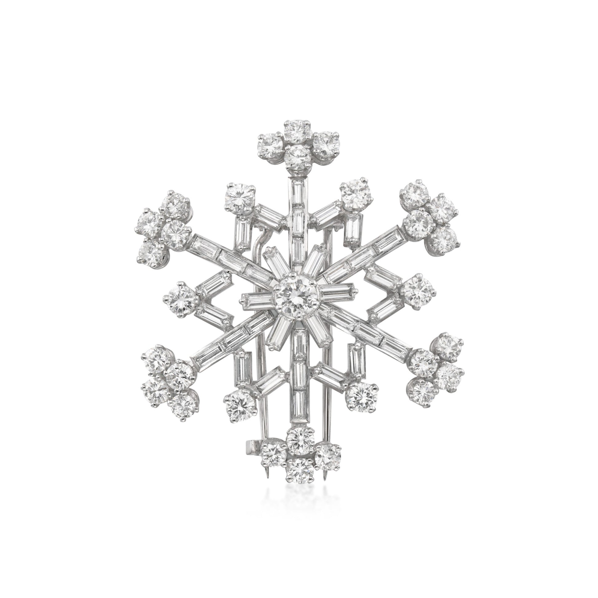 French 1950s Platinum Diamond Snowflake Brooch front