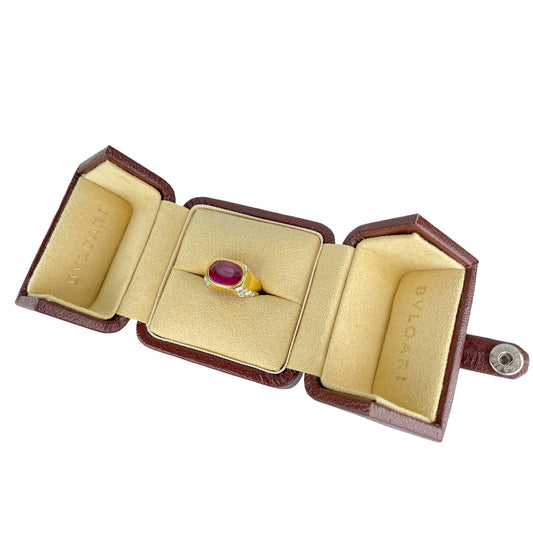 Bulgari 1970s 18KT Yellow Gold Ruby & Diamond Ring in box