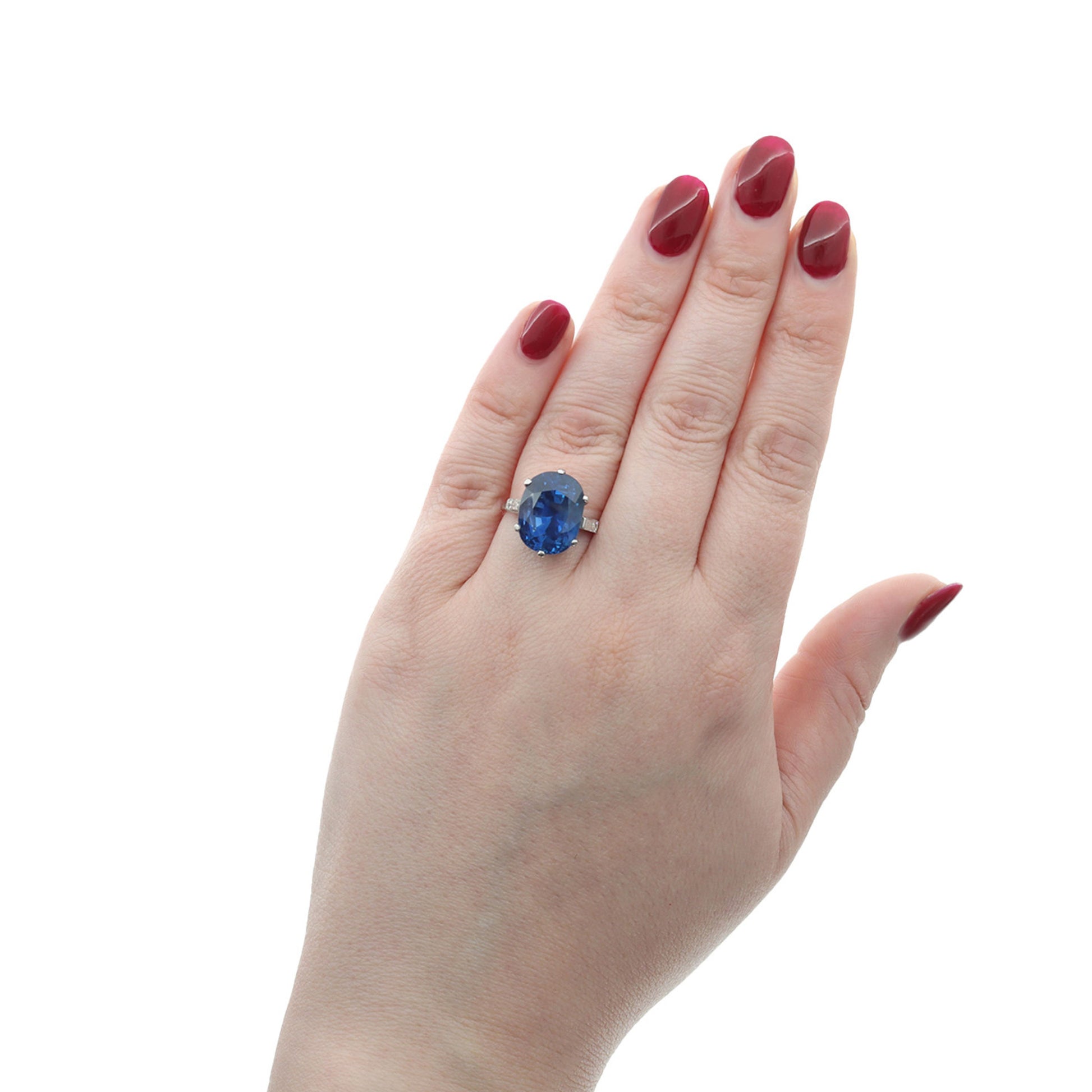 Van Cleef & Arpels French 1930s Platinum Sapphire & Diamond Ring on finger