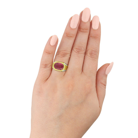 Bulgari 1970s 18KT Yellow Gold Ruby & Diamond Ring on finger