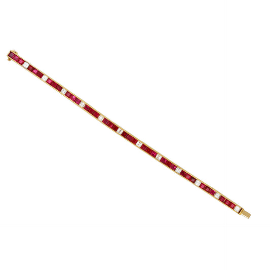 1970s 18KT Yellow Gold Ruby & Diamond Bracelet front