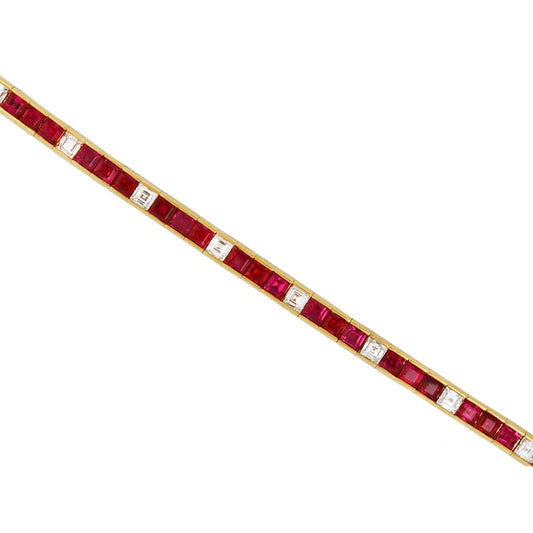 1970s 18KT Yellow Gold Ruby & Diamond Bracelet close up