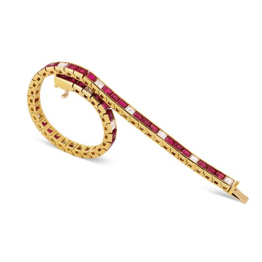 1970s 18KT Yellow Gold Ruby & Diamond Bracelet side