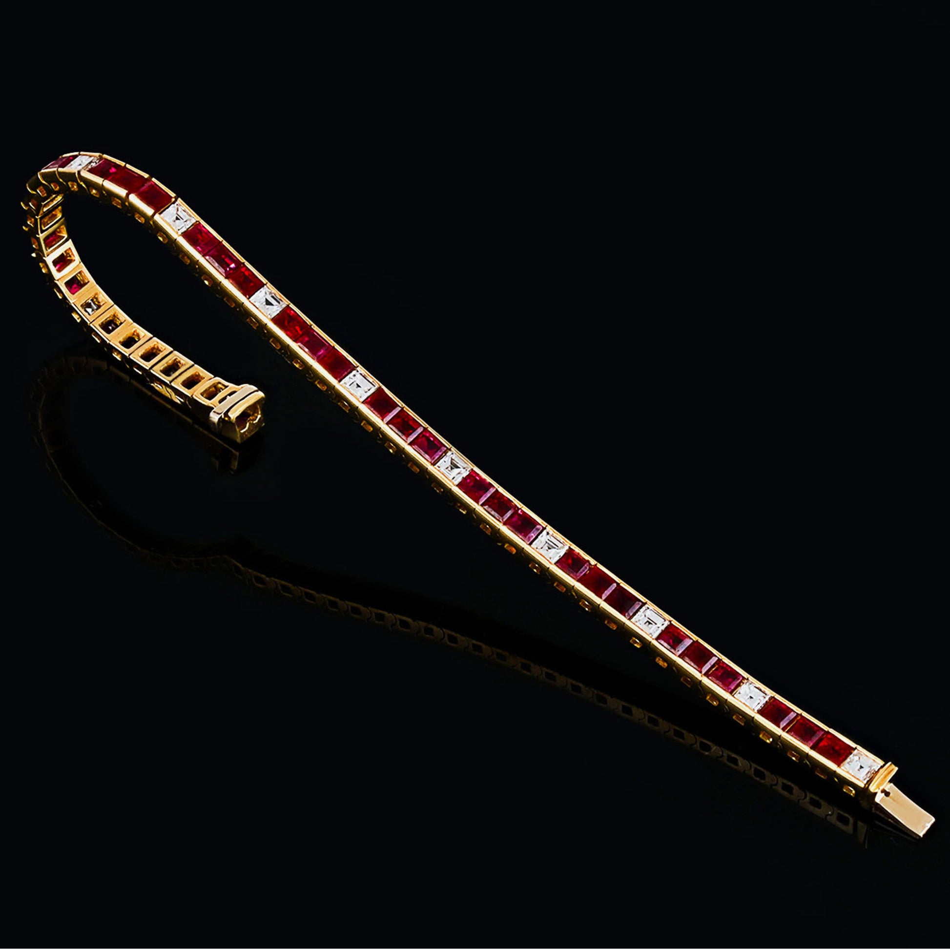 1970s 18KT Yellow Gold Ruby & Diamond Bracelet front
