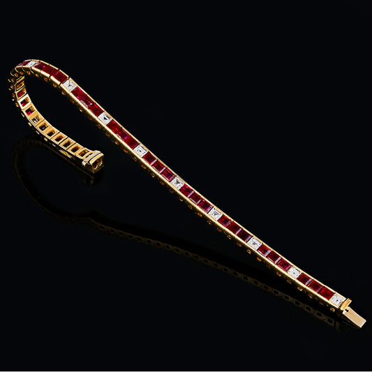 1970s 18KT Yellow Gold Ruby & Diamond Bracelet front