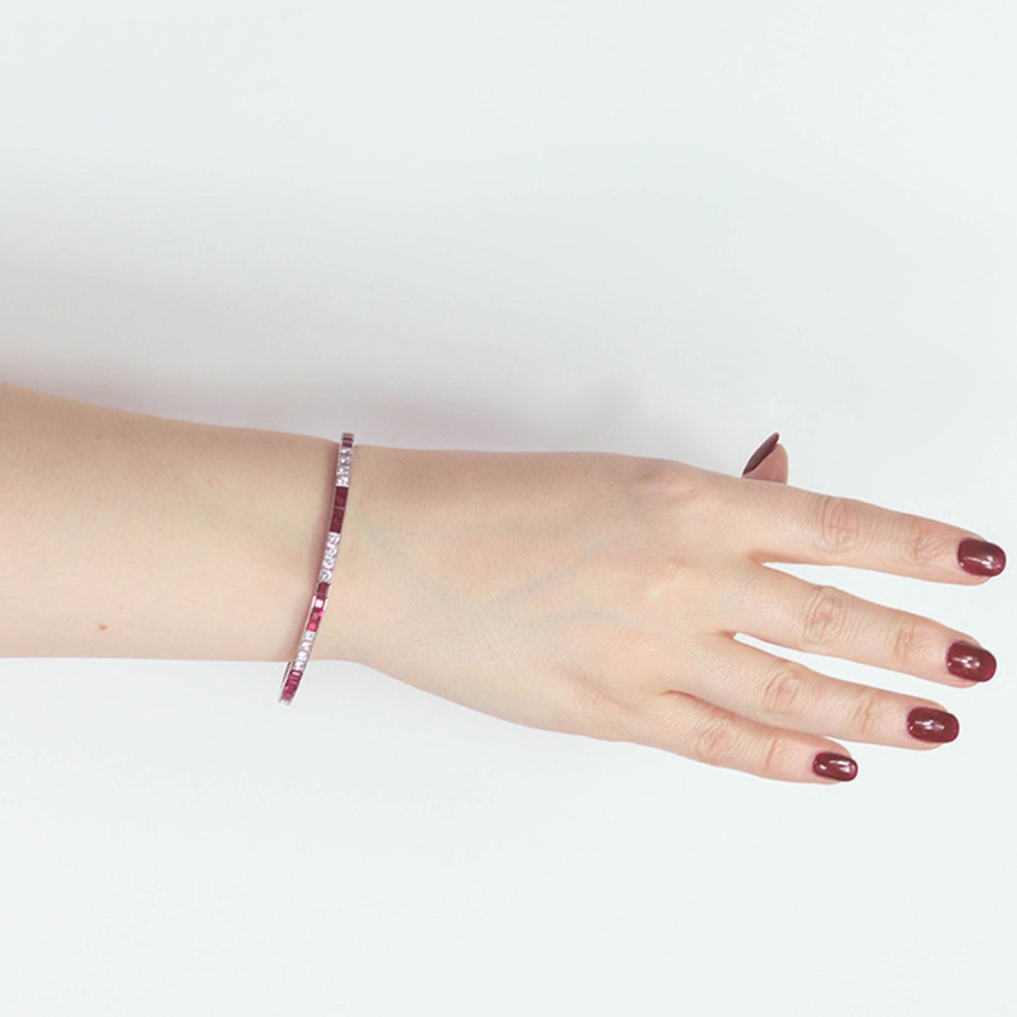 American Art Deco Platinum & Iridium Ruby & Diamond Bracelet on wrist