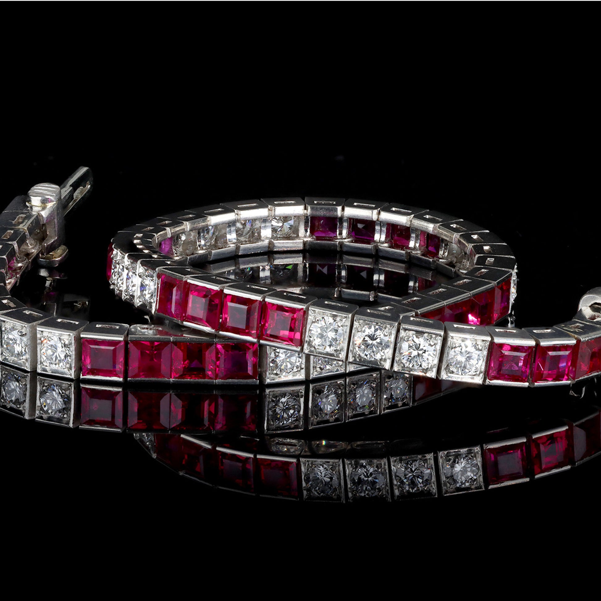 American Art Deco Platinum & Iridium Ruby & Diamond Bracelet front