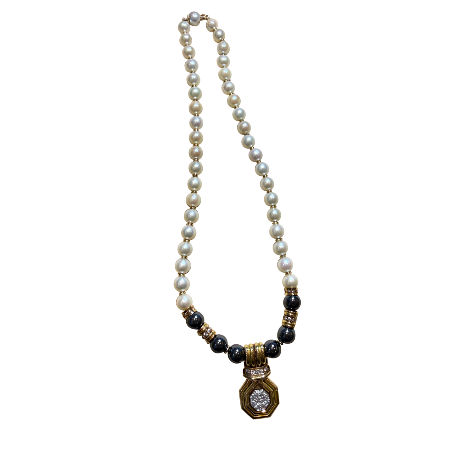 Chaumet 1980s 18KT Yellow Gold Cultured Pearl, Diamond & Hematite Necklace front