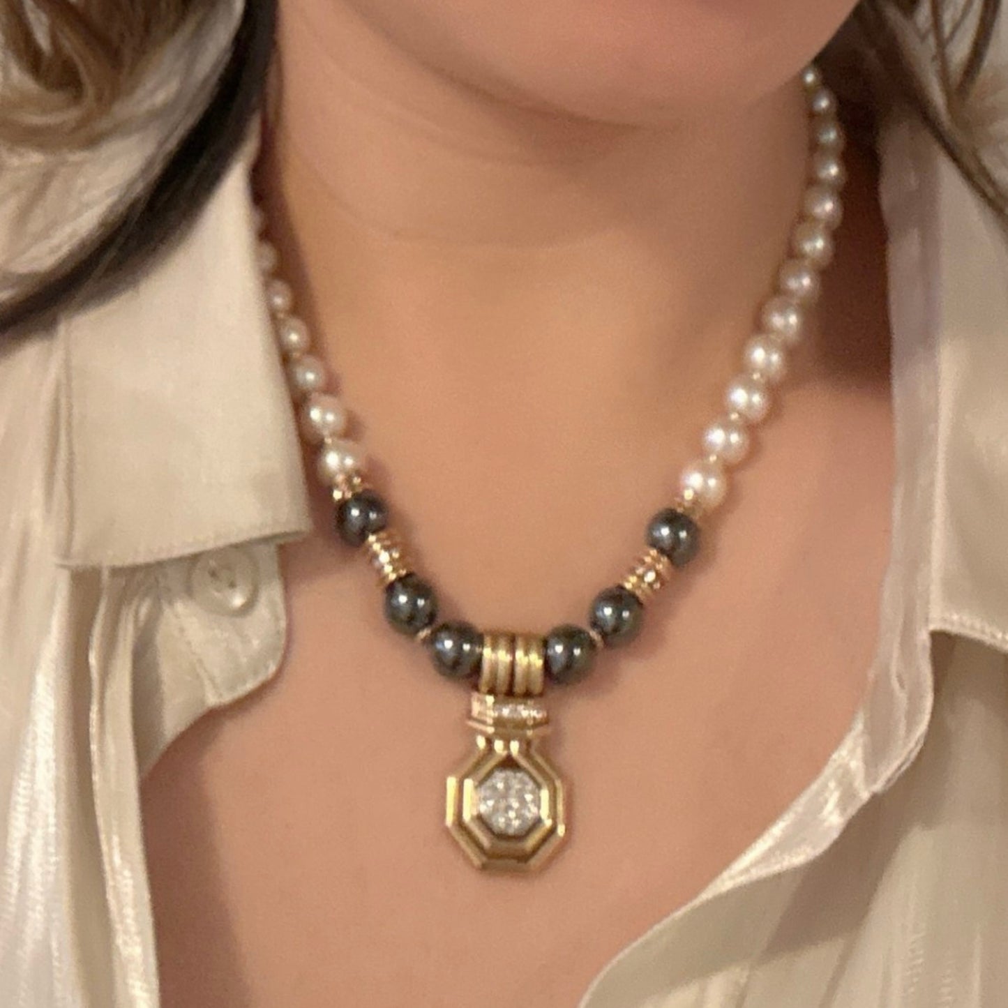Chaumet 1980s 18KT Yellow Gold Cultured Pearl, Diamond & Hematite Necklace on neck