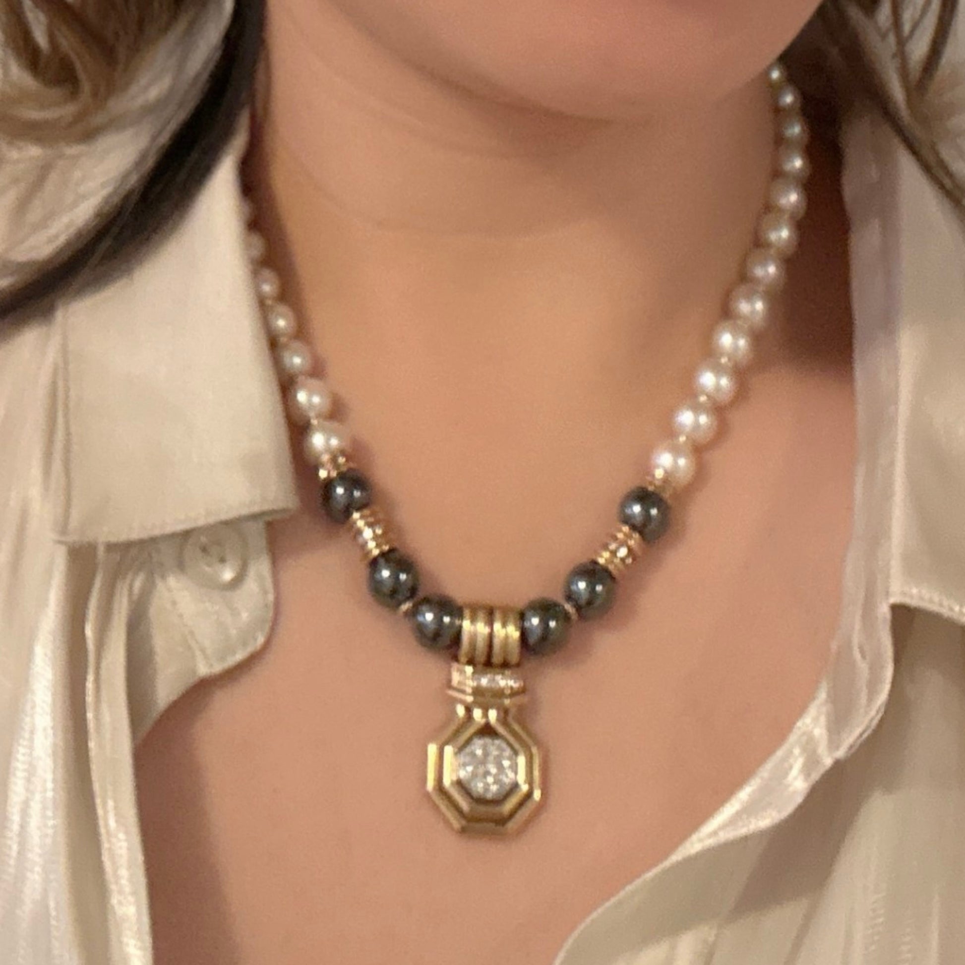 Chaumet 1980s 18KT Yellow Gold Cultured Pearl, Diamond & Hematite Necklace on neck