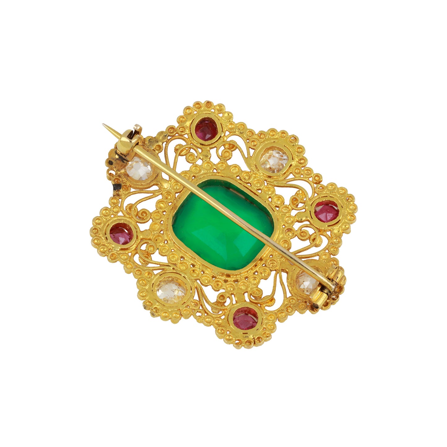 Georgian 18KT Yellow Gold Emerald, Diamond & Ruby Brooch back