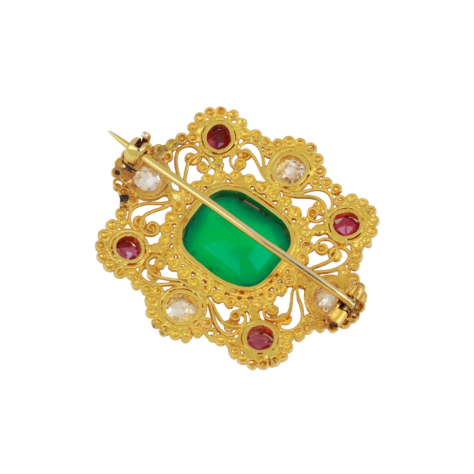 Georgian 18KT Yellow Gold Emerald, Diamond & Ruby Brooch back