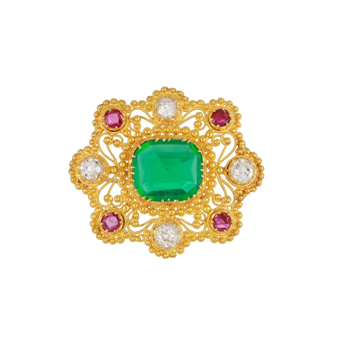 Georgian 18KT Yellow Gold Emerald, Diamond & Ruby Brooch front