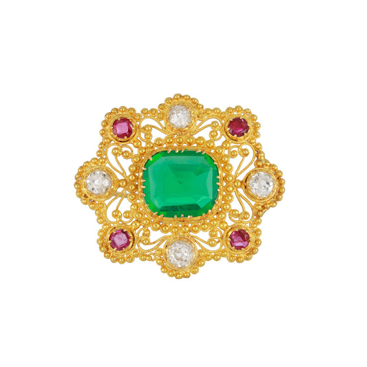 Georgian 18KT Yellow Gold Emerald, Diamond & Ruby Brooch front
