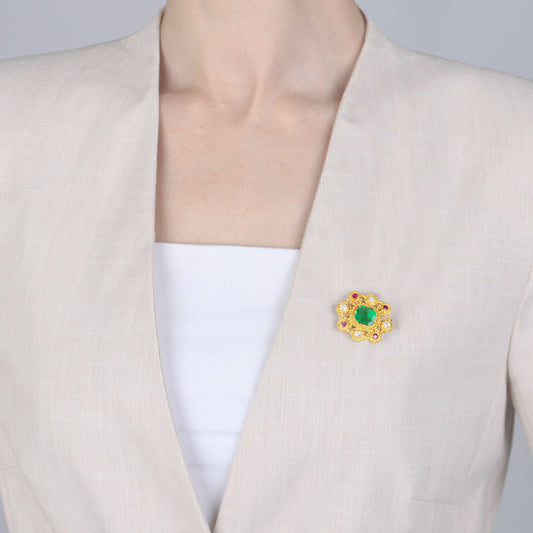 Georgian 18KT Yellow Gold Emerald, Diamond & Ruby Brooch on lapel