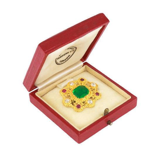 Georgian 18KT Yellow Gold Emerald, Diamond & Ruby Brooch in box