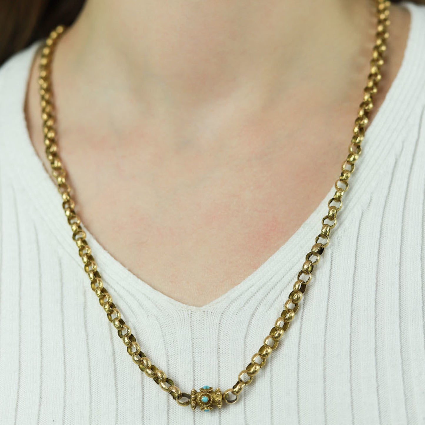 English Georgian 18KT Yellow Gold Turquoise Necklace on neck