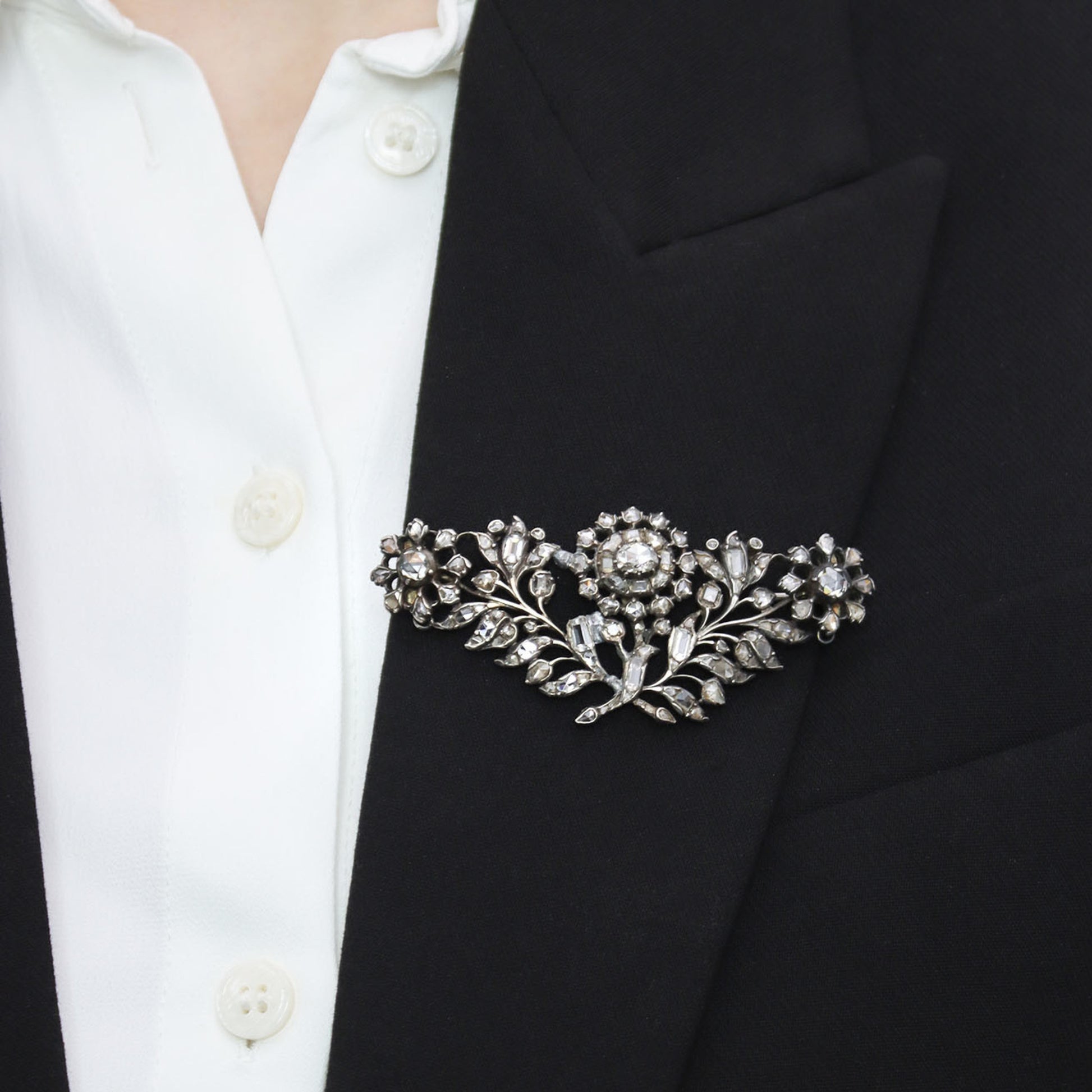 English Georgian Silver & 18KT Yellow Gold Diamond Brooch on lapel