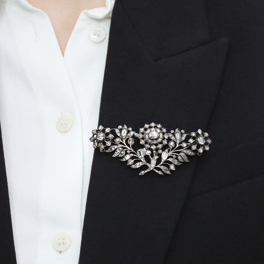English Georgian Silver & 18KT Yellow Gold Diamond Brooch on lapel