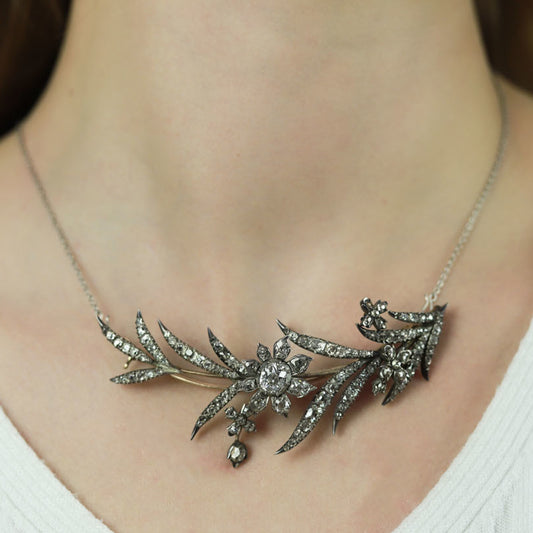 Georgian Silver & 18KT Rose Gold Diamond Brooch on neck