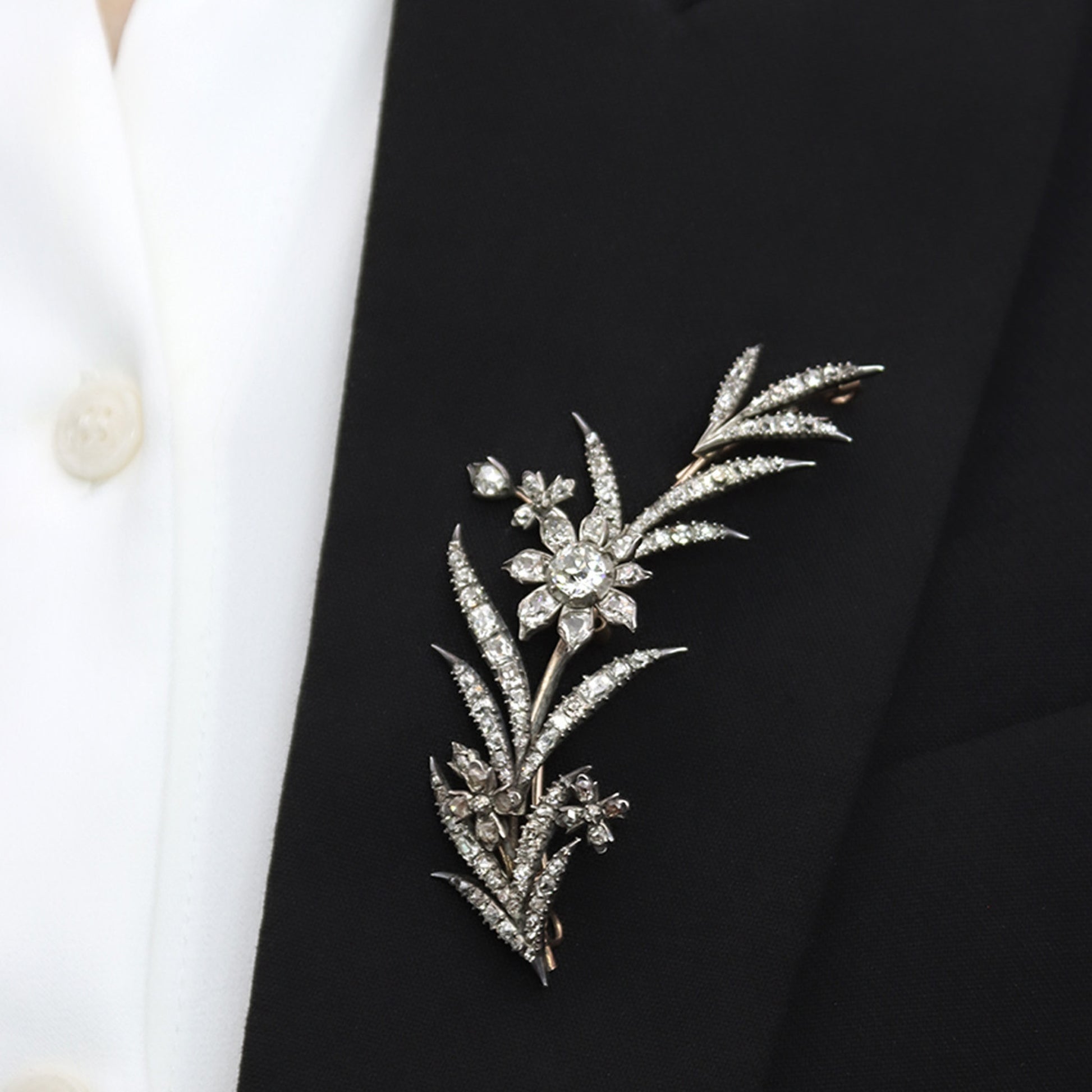 Georgian Silver & 18KT Rose Gold Diamond Brooch on lapel