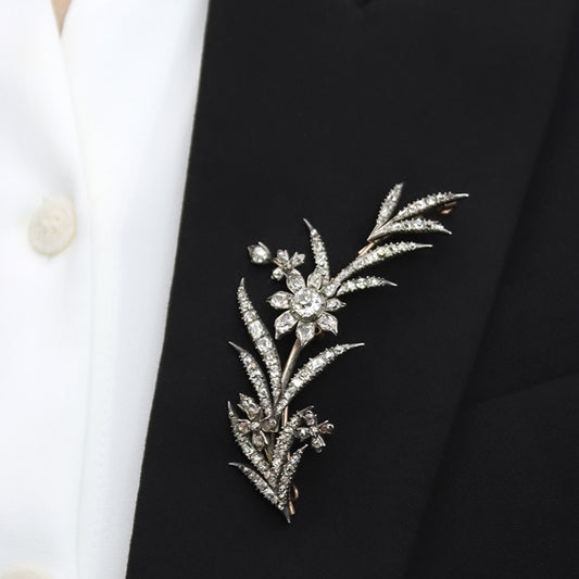 Georgian Silver & 18KT Rose Gold Diamond Brooch on lapel