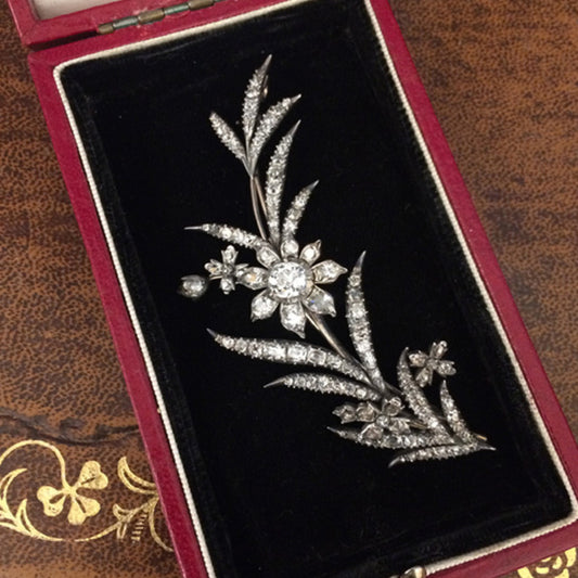 Georgian Silver & 18KT Rose Gold Diamond Brooch in box