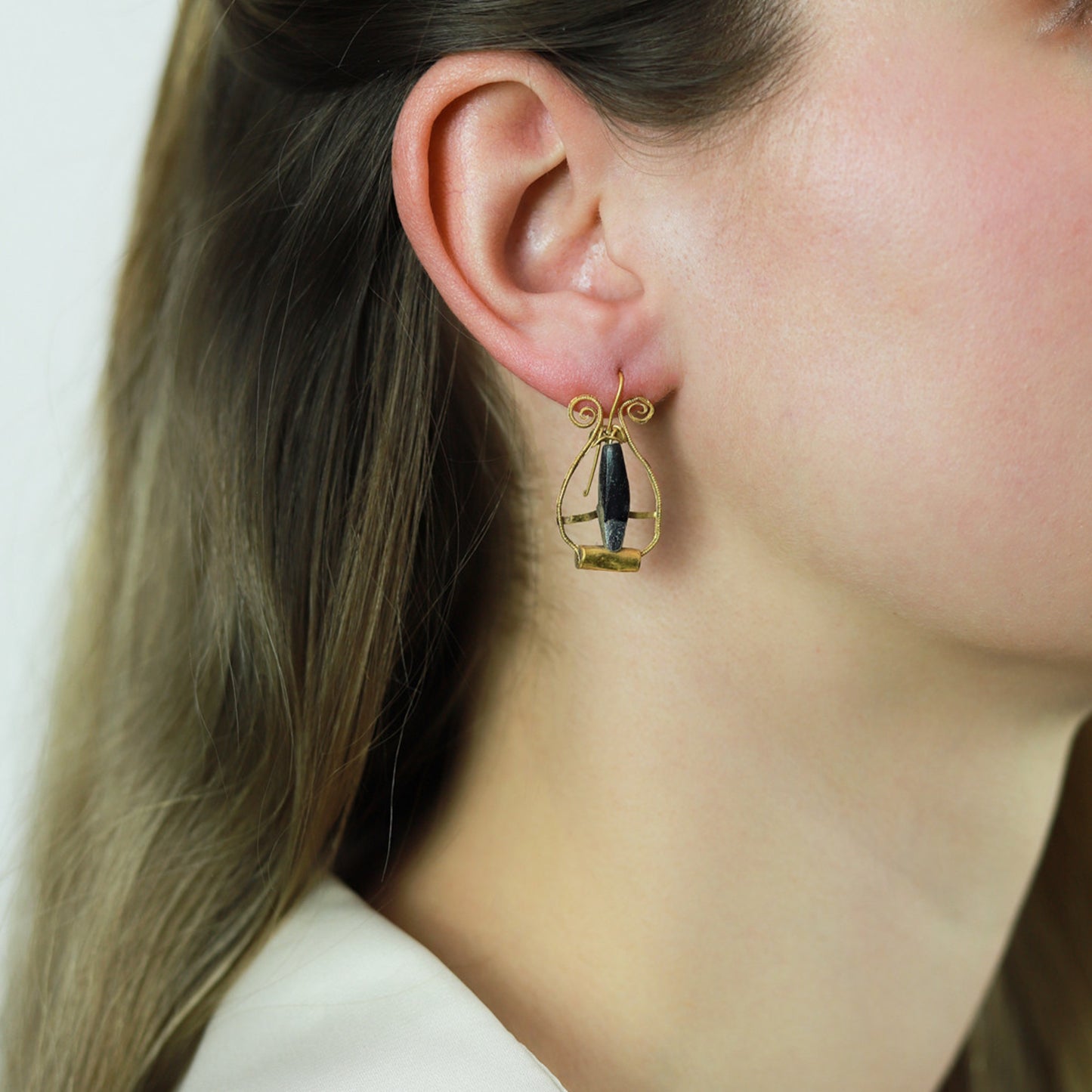 Ancient Roman 18KT Yellow Gold Glass Earrings on ear